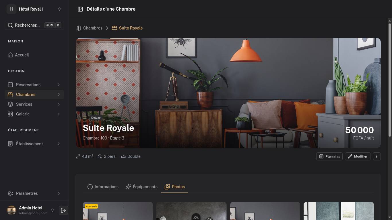 Interface d'administration LOTELUX — vue d'ensemble