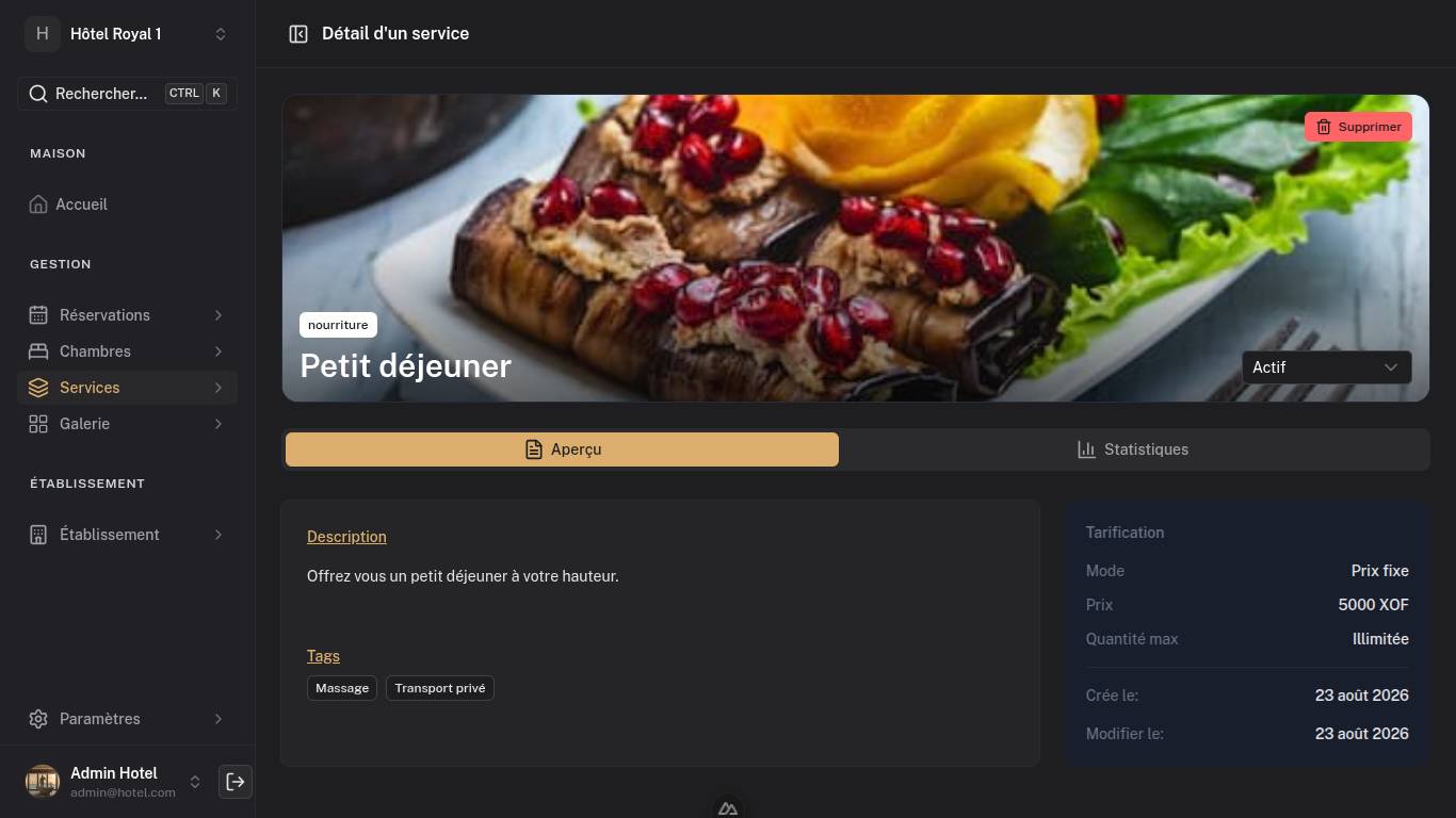 Interface d'administration LOTELUX — gestion des réservations