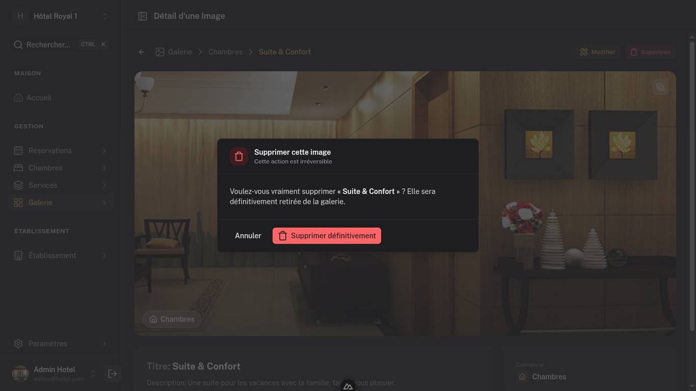 Interface d'administration LOTELUX — gestion des chambres