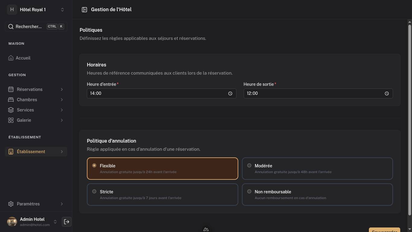Interface d'administration LOTELUX — gestion des chambres